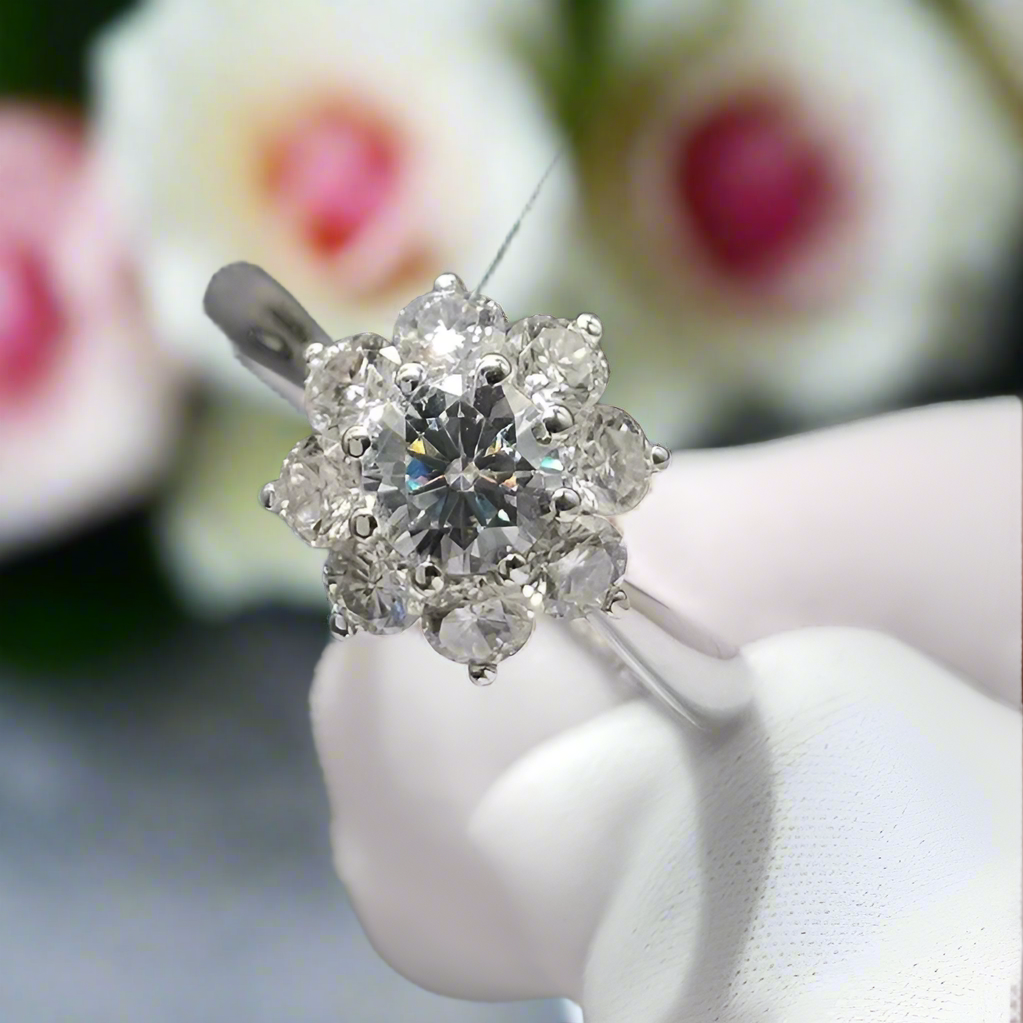 18K White Gold Round Cut 1 Carat Diamond Sunflower Engagement Ring-Black Diamonds New York