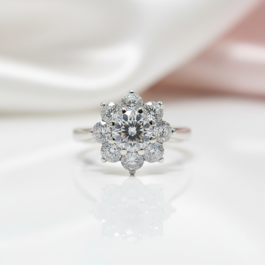 18K White Gold Round Cut 1 Carat Diamond Option Sunflower Engagement Ring-Black Diamonds New York