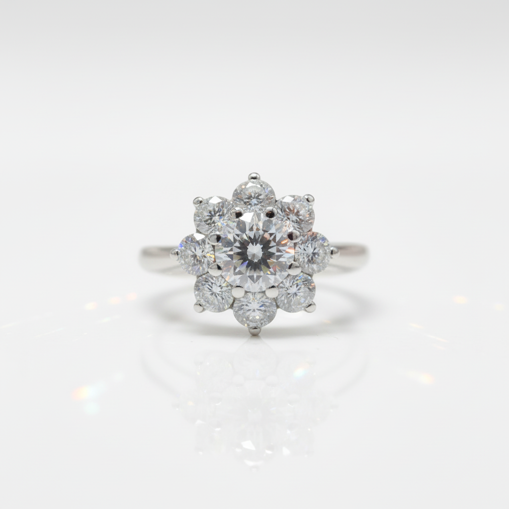 18K White Gold Round Cut 1 Carat Diamond Option Sunflower Engagement Ring-Black Diamonds New York