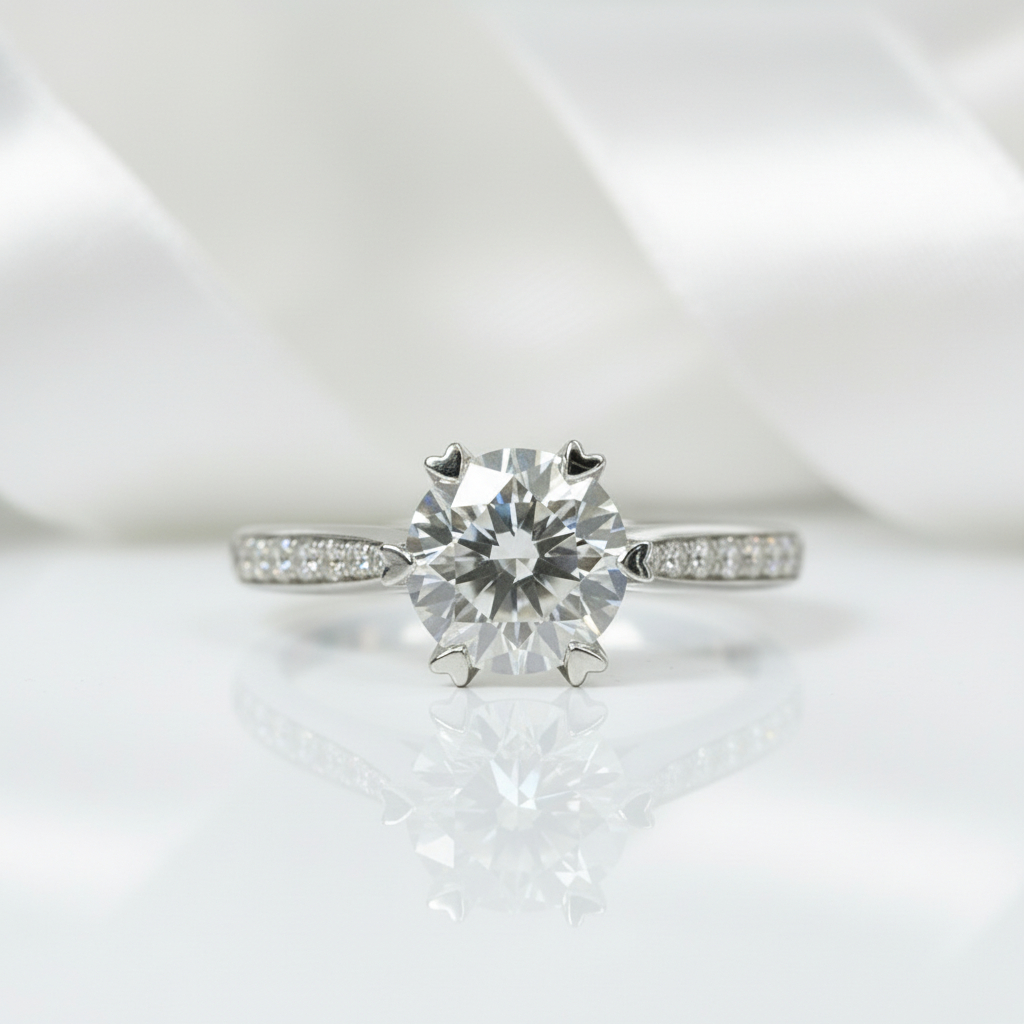 18K White Gold Round-Cut 1.0 ct 6 Heart Prong Diamond Engagement Ring-Black Diamonds New York