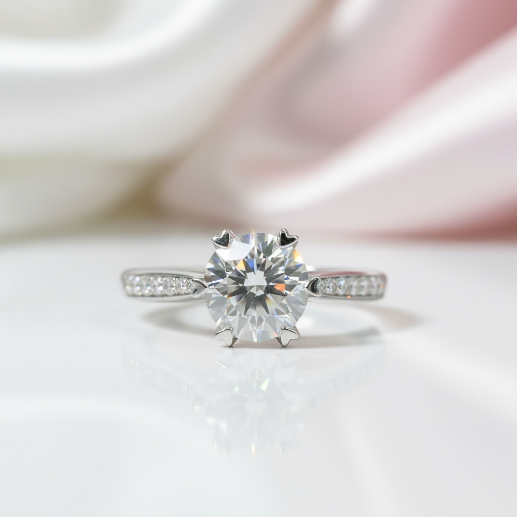 18K White Gold Round-Cut 1.0 ct 6 Heart Prong Diamond Option Engagement Ring-Black Diamonds New York