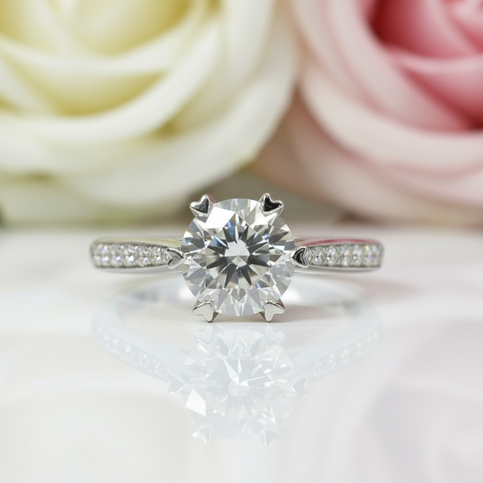 18K White Gold Round-Cut 1.0 ct 6 Heart Prong Diamond Engagement Ring-Black Diamonds New York