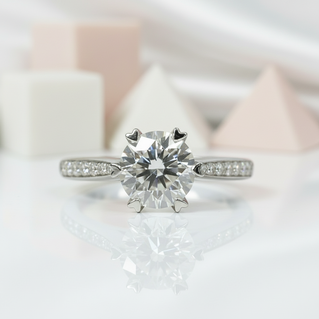 18K White Gold Round-Cut 1.0 ct 6 Heart Prong Diamond Engagement Ring-Black Diamonds New York