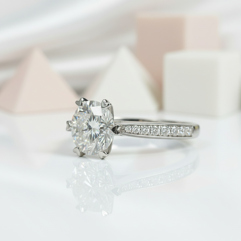 18K White Gold Round-Cut 1.0 ct 6 Heart Prong Diamond Engagement Ring-Black Diamonds New York