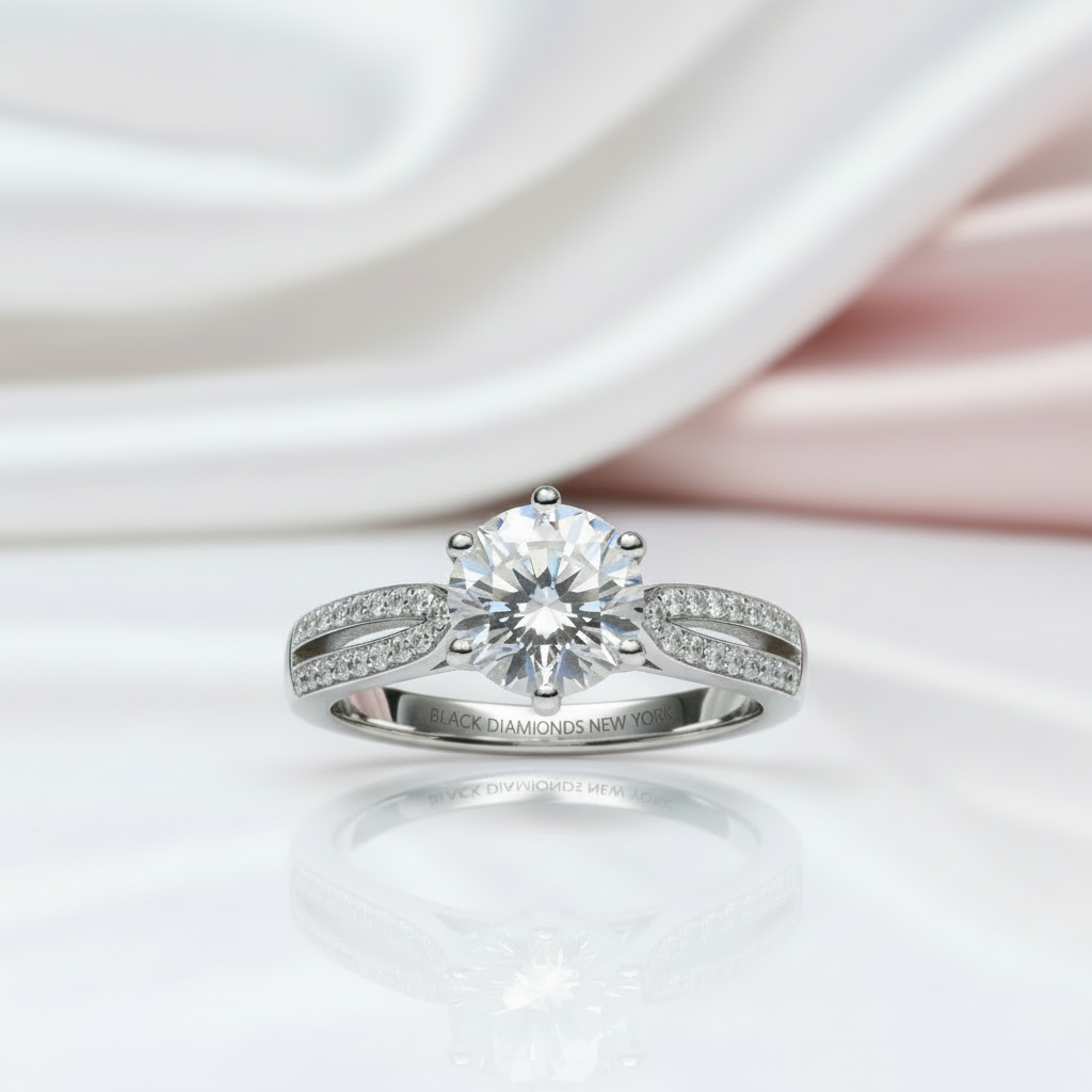 18K White Gold Round Cut 1ct 9mm Diamond Option Star Queen Engagement Ring-Black Diamonds New York