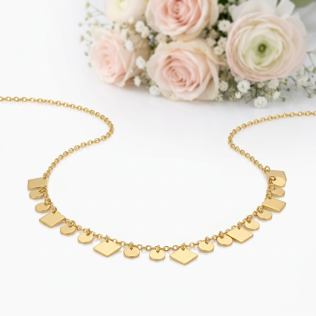 A gold chain necklace with multiple small geometric nameplate charms in different shapes, displayed on a white surface with soft pink roses in the background.
