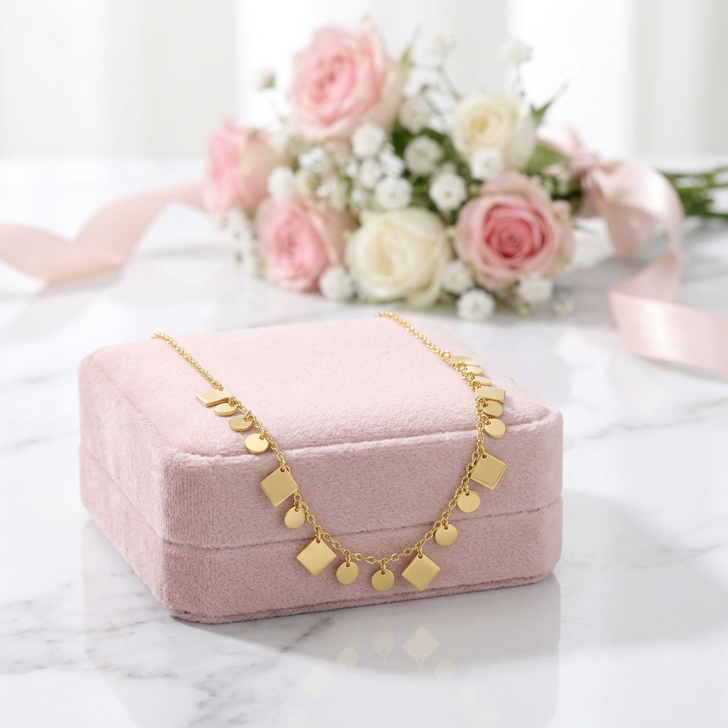 A delicate gold necklace with small geometric charms is draped over a pink velvet jewelry box on a white marble surface, with a blurred bouquet of pink and white roses in the background.