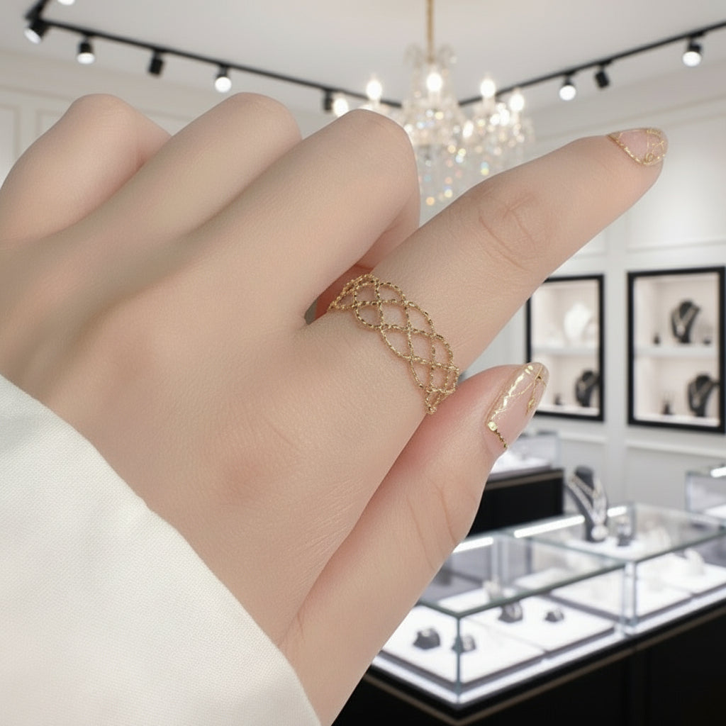 18k Yellow Gold Adjustable Retro Lace Ring-Black Diamonds New York