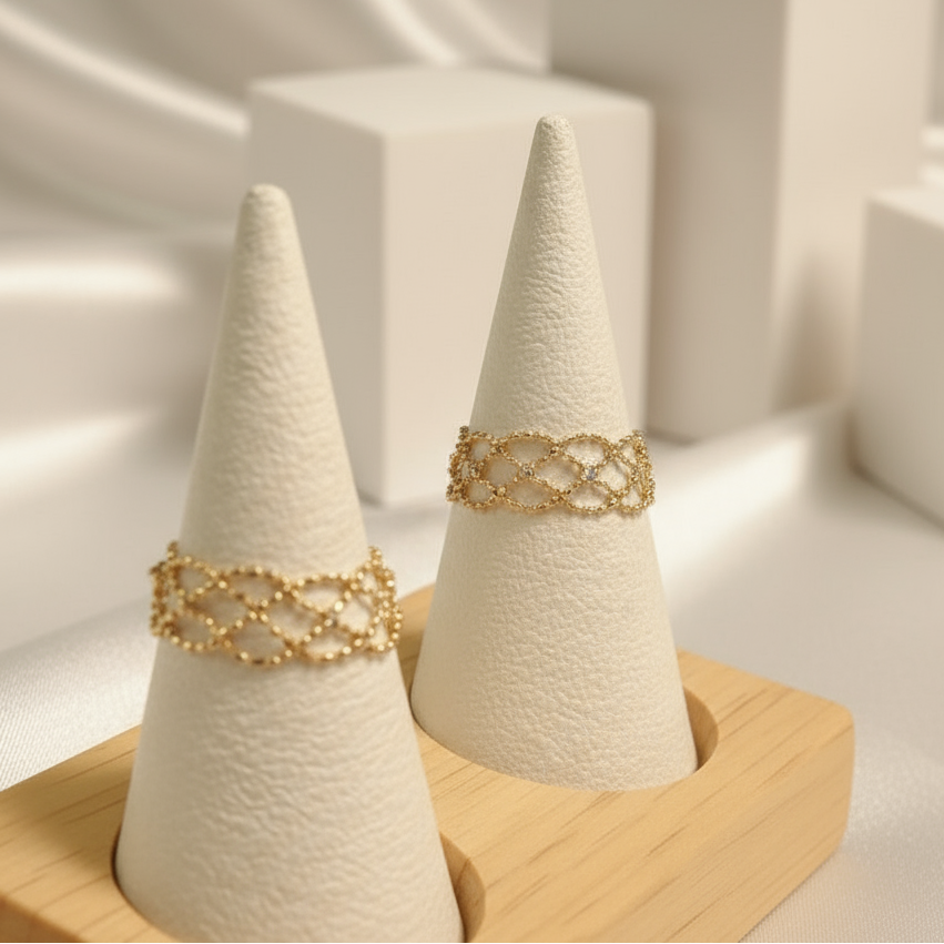 18k Yellow Gold Adjustable Retro Lace Ring-Black Diamonds New York