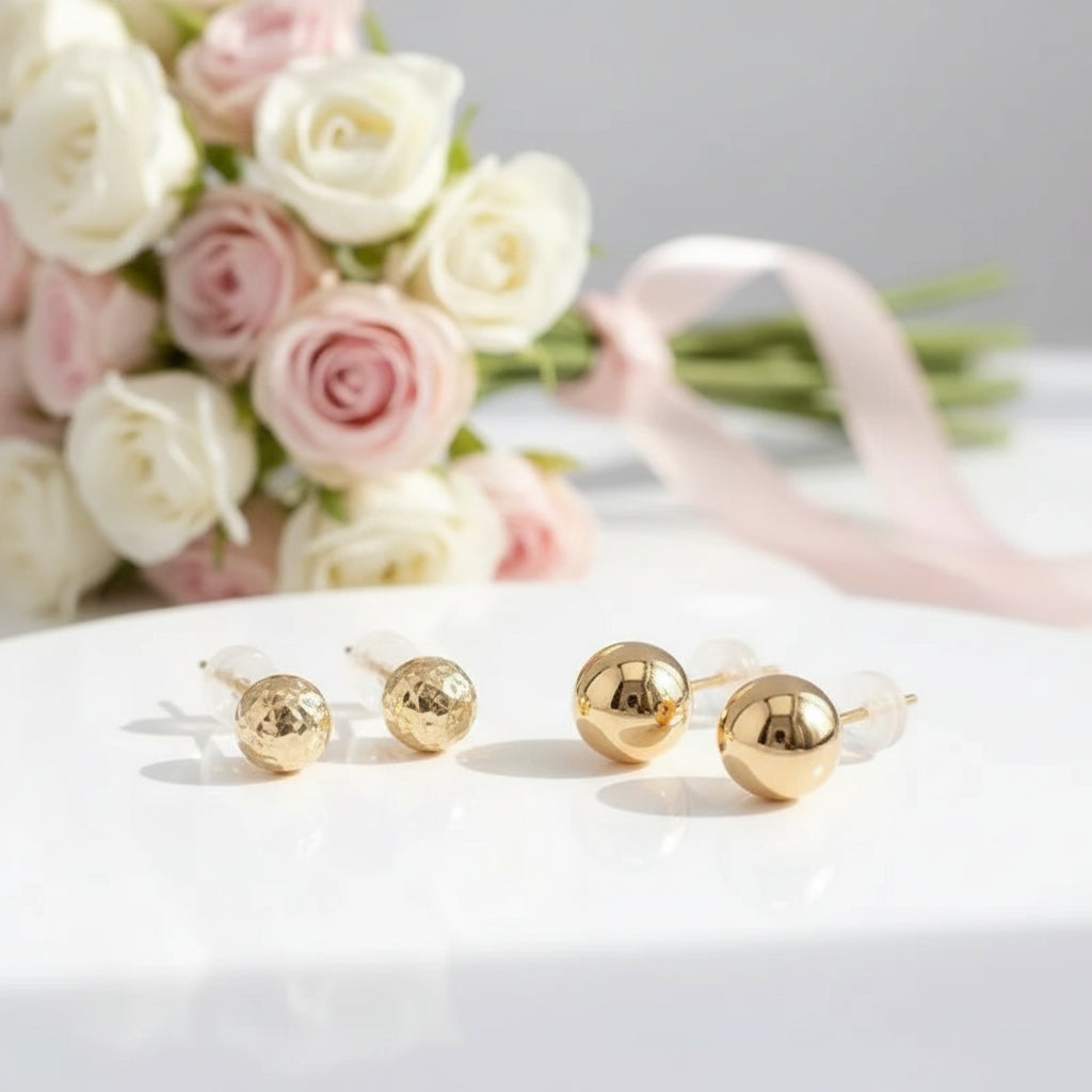 18k Yellow Gold Ball Design Stud Earrings-Black Diamonds New York