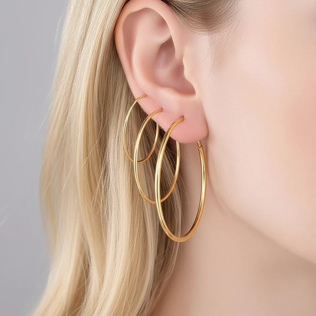 18k Yellow Gold Classic Hoop Earrings-Black Diamonds New York