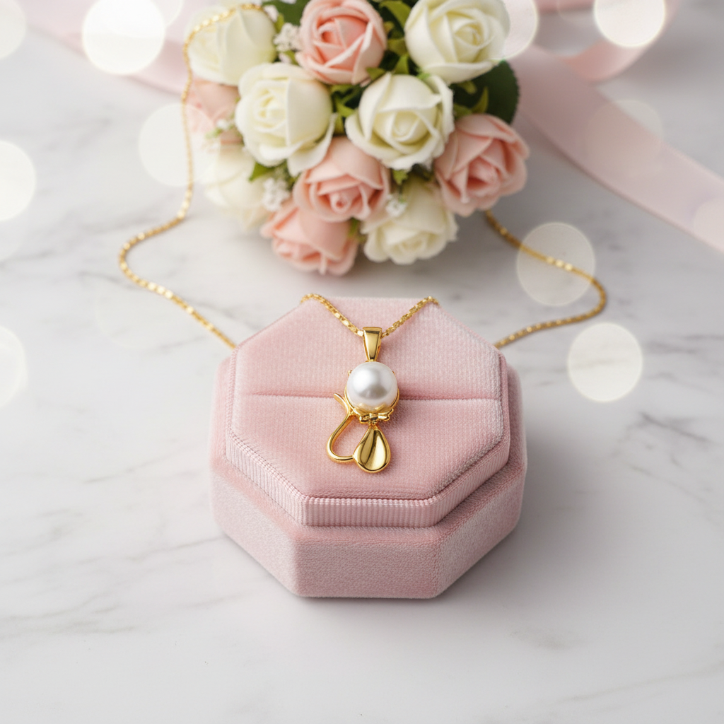 18k Yellow Gold Freshwater Pearl Mouse Pendant Necklace-Black Diamonds New York