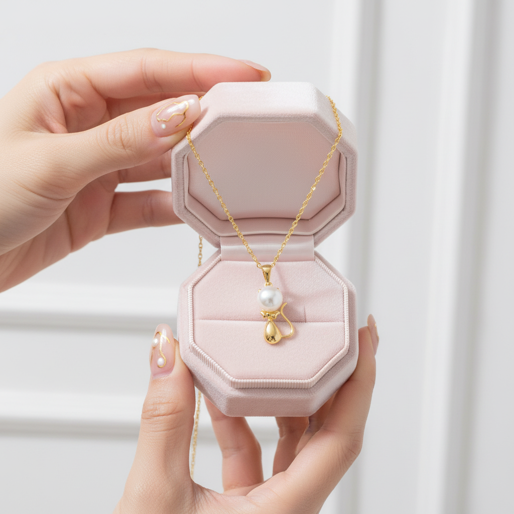 18k Yellow Gold Freshwater Pearl Mouse Pendant Necklace-Black Diamonds New York