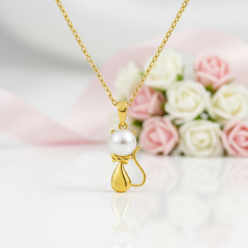 18k Yellow Gold Freshwater Pearl Mouse Pendant Necklace-Black Diamonds New York