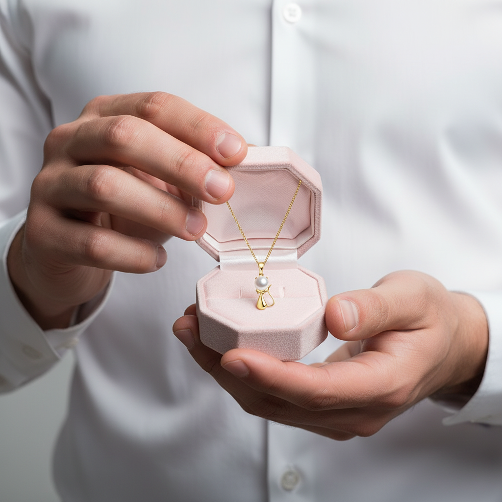 18k Yellow Gold Freshwater Pearl Mouse Pendant Necklace-Black Diamonds New York