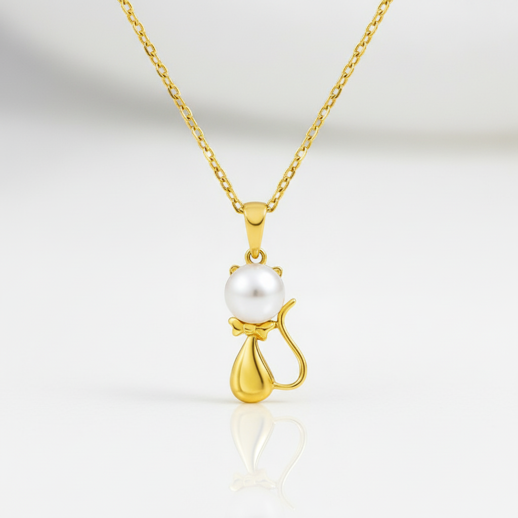 18k Yellow Gold Freshwater Pearl Mouse Pendant Necklace-Black Diamonds New York