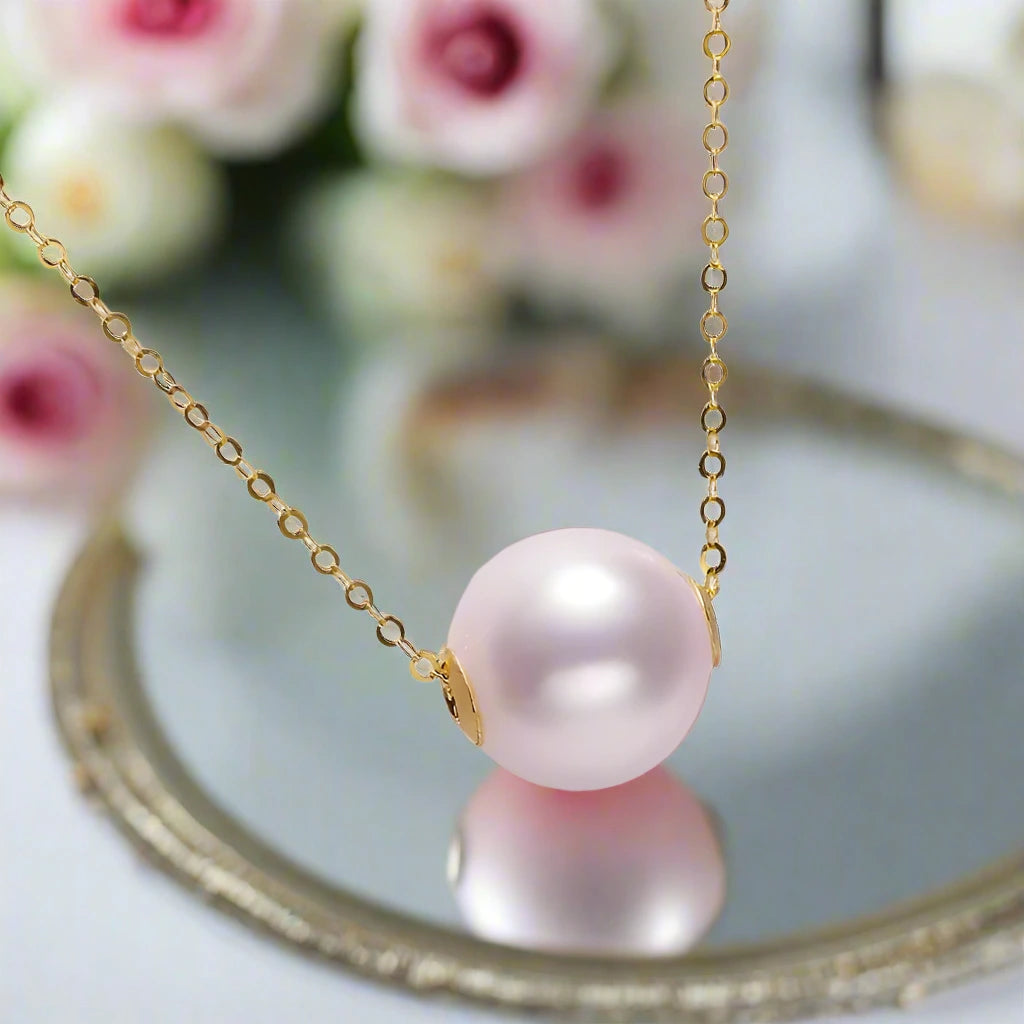 18k Yellow Gold Freshwater Pearl Pendant Necklace-Black Diamonds New York