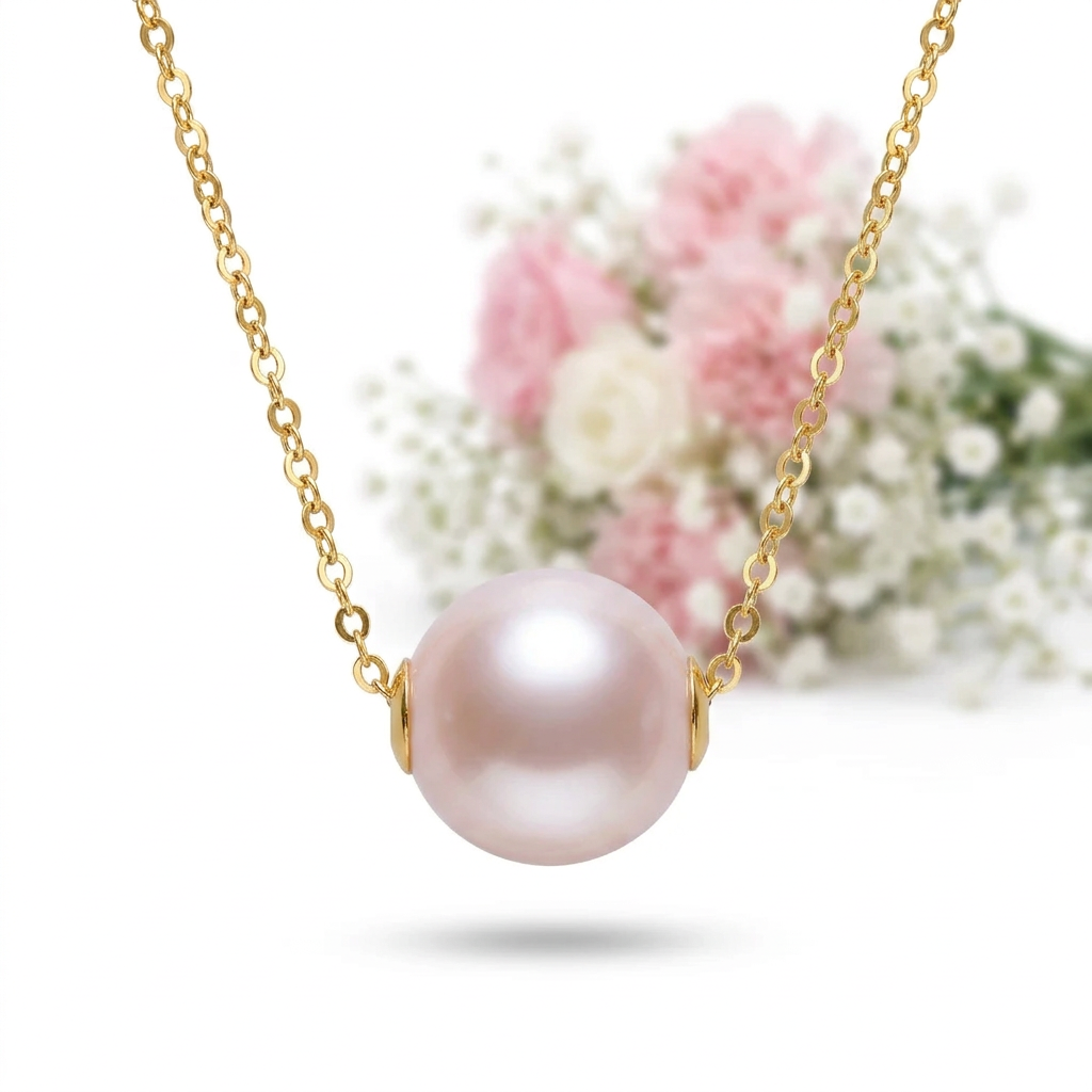18k Yellow Gold Freshwater Pearl Pendant Necklace-Black Diamonds New York