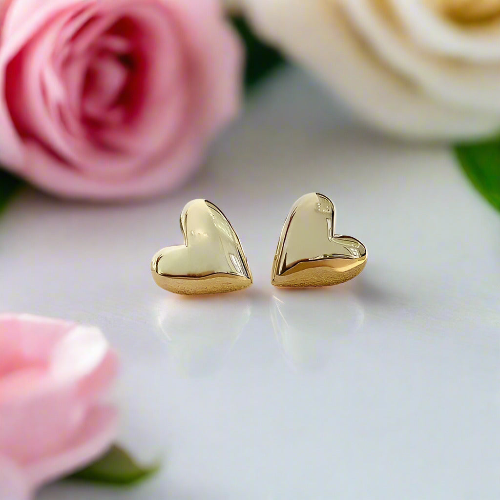18k Yellow Gold Heart Shaped Stud Earrings-Black Diamonds New York