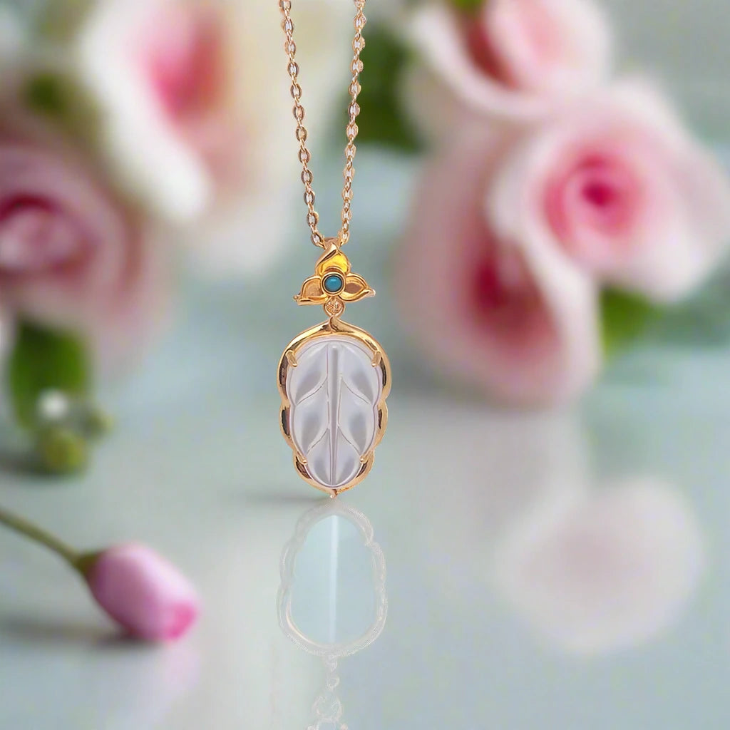 18k Yellow Gold Leaf Pendant Necklace With White Shell-Black Diamonds New York