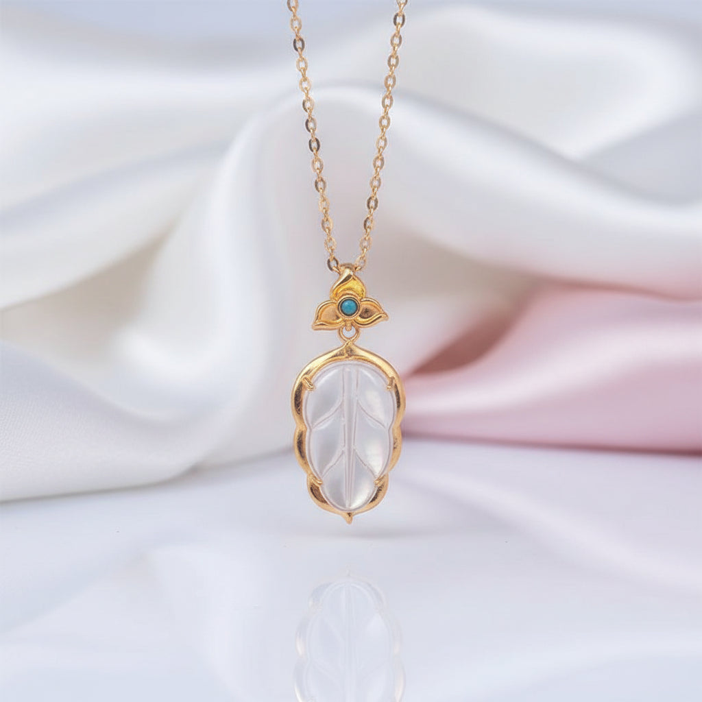 18k Yellow Gold Leaf Pendant Necklace With White Shell-Black Diamonds New York