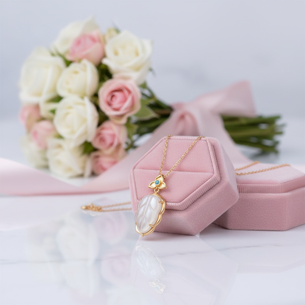 18k Yellow Gold Leaf Pendant Necklace With White Shell-Black Diamonds New York