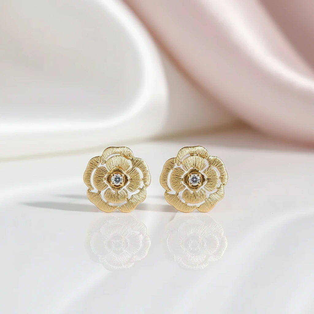 18k Yellow Gold Diamond Option Camellia Earrings-Black Diamonds New York