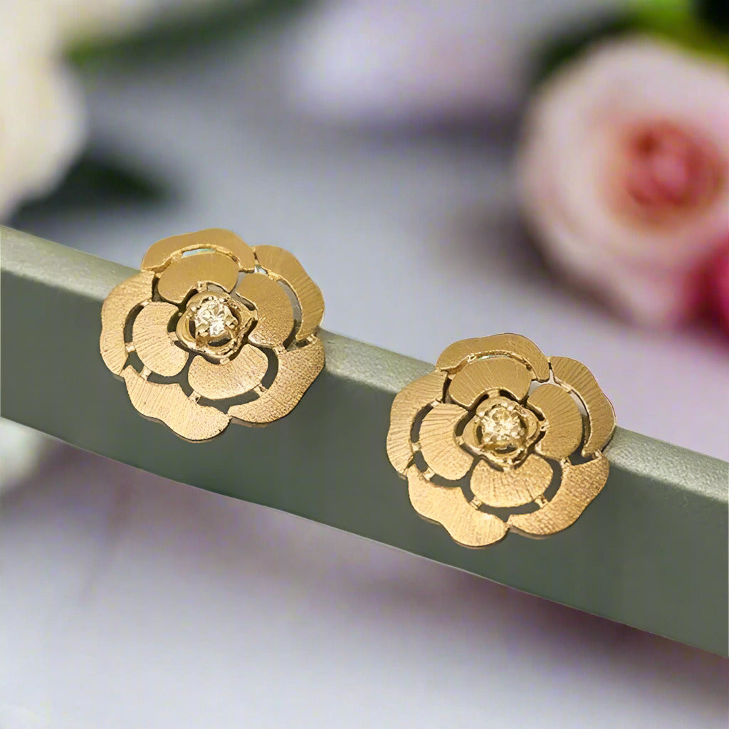 18k Yellow Gold Diamond Camellia Earrings-Black Diamonds New York
