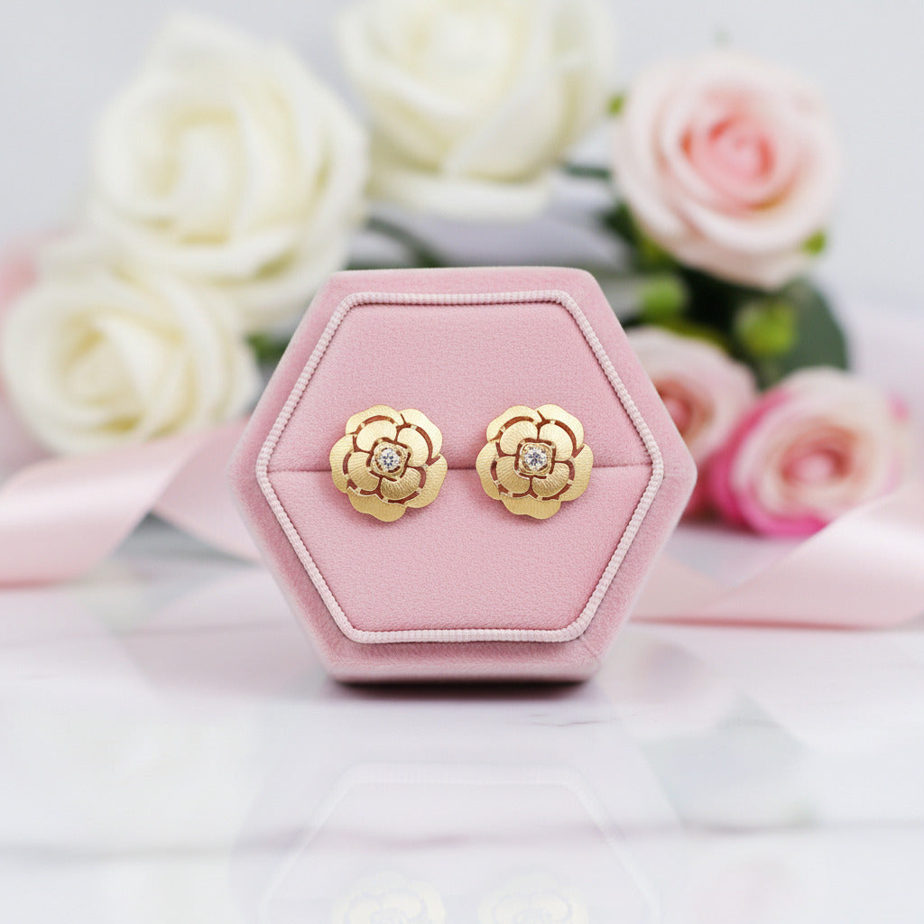 18k Yellow Gold Diamond Option Camellia Earrings-Black Diamonds New York