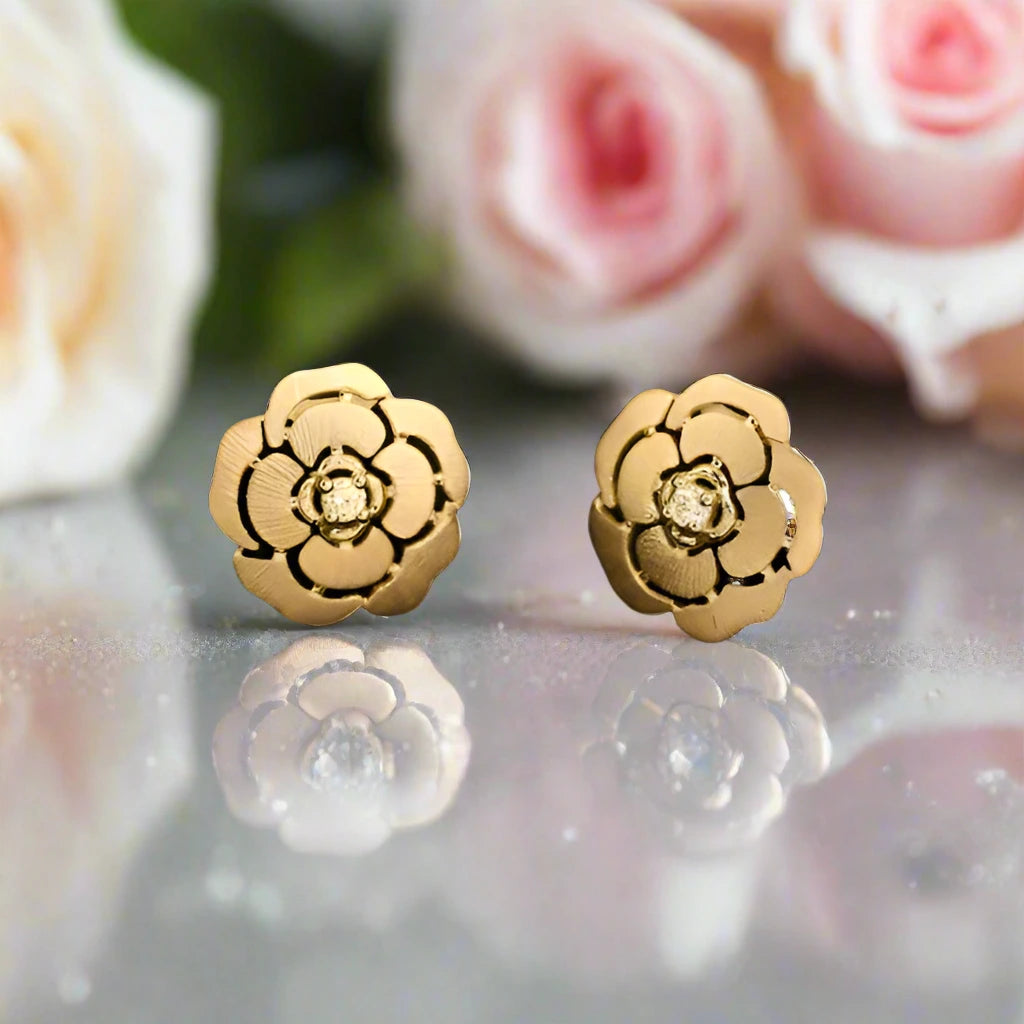 18k Yellow Gold Diamond Camellia Earrings-Black Diamonds New York