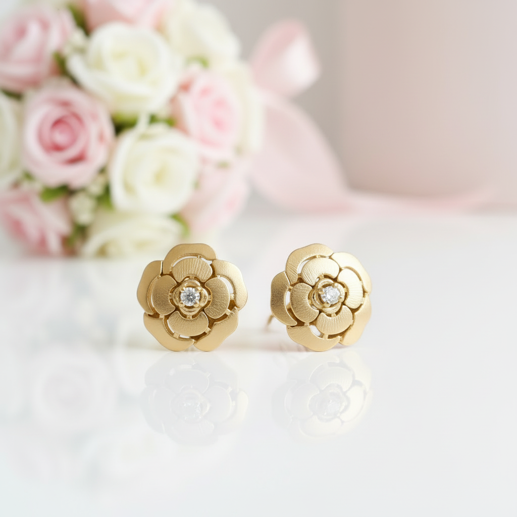 18k Yellow Gold Diamond Option Camellia Earrings-Black Diamonds New York