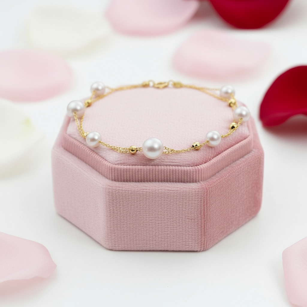 18k Yellow Gold Natural Freshwater Pearl Bracelet-Black Diamonds New York