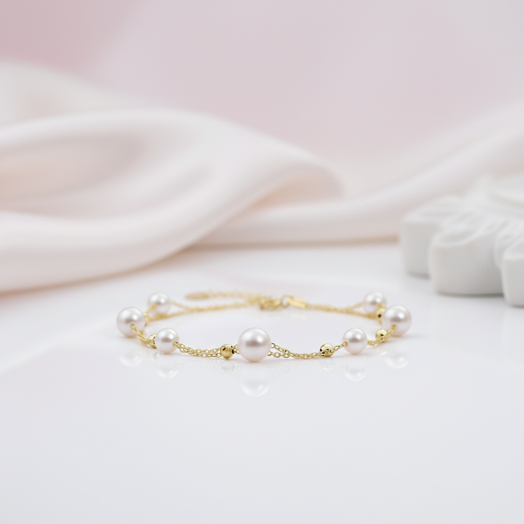 18k Yellow Gold Freshwater Pearl Bracelet-Black Diamonds New York