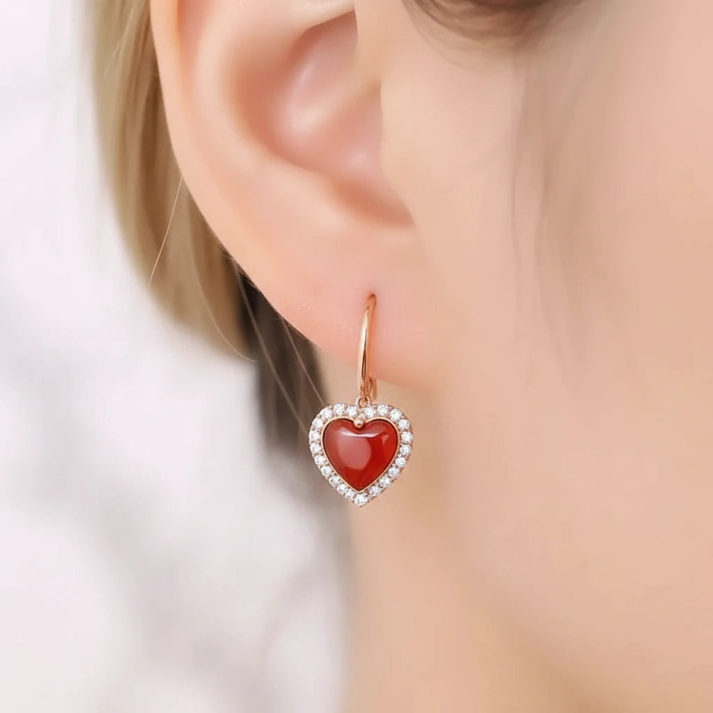 18k Yellow Gold Natural Red Agate Heart Drop Earrings-Black Diamonds New York
