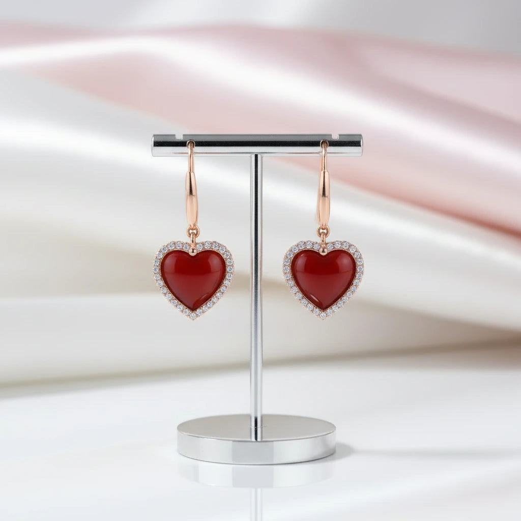 18k Yellow Gold Natural Red Agate Heart Drop Earrings-Black Diamonds New York