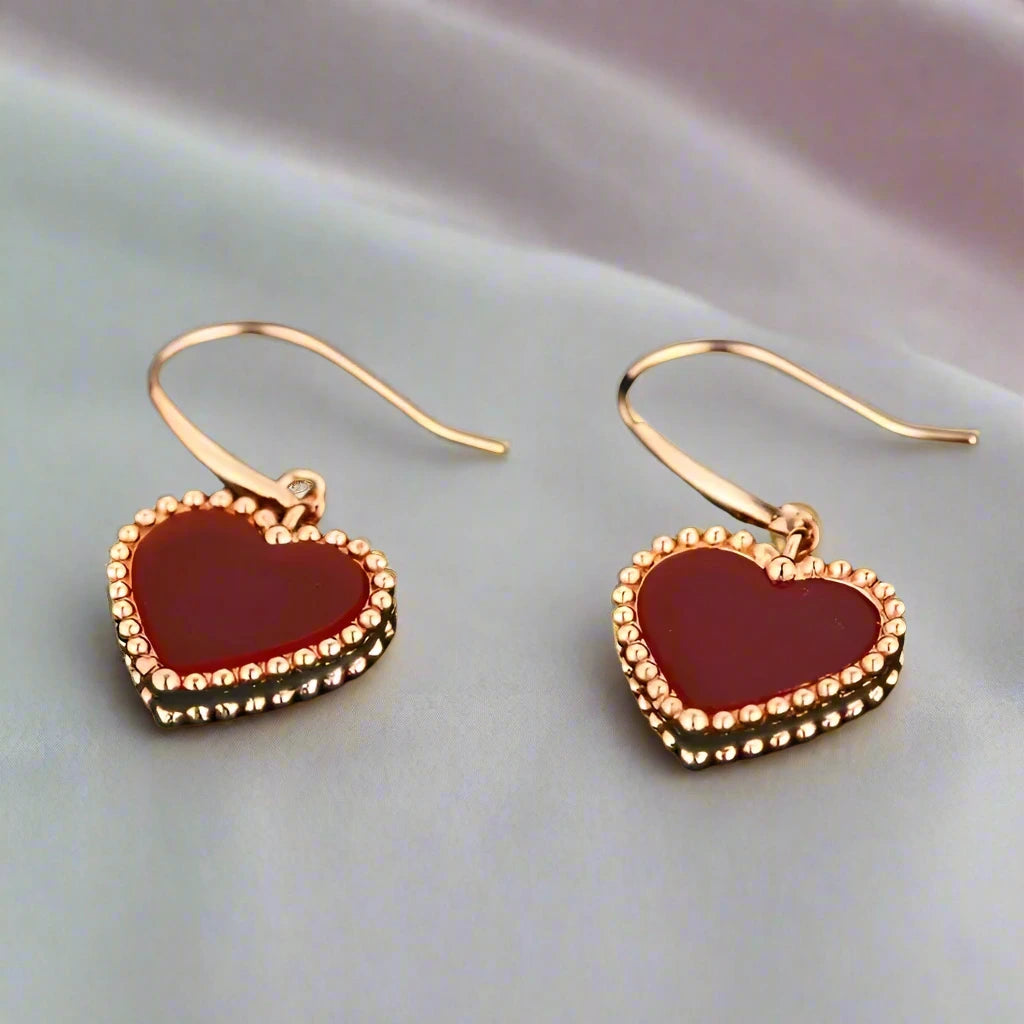 18k Yellow Gold Natural Red Agate Heart Drop Earrings-Black Diamonds New York