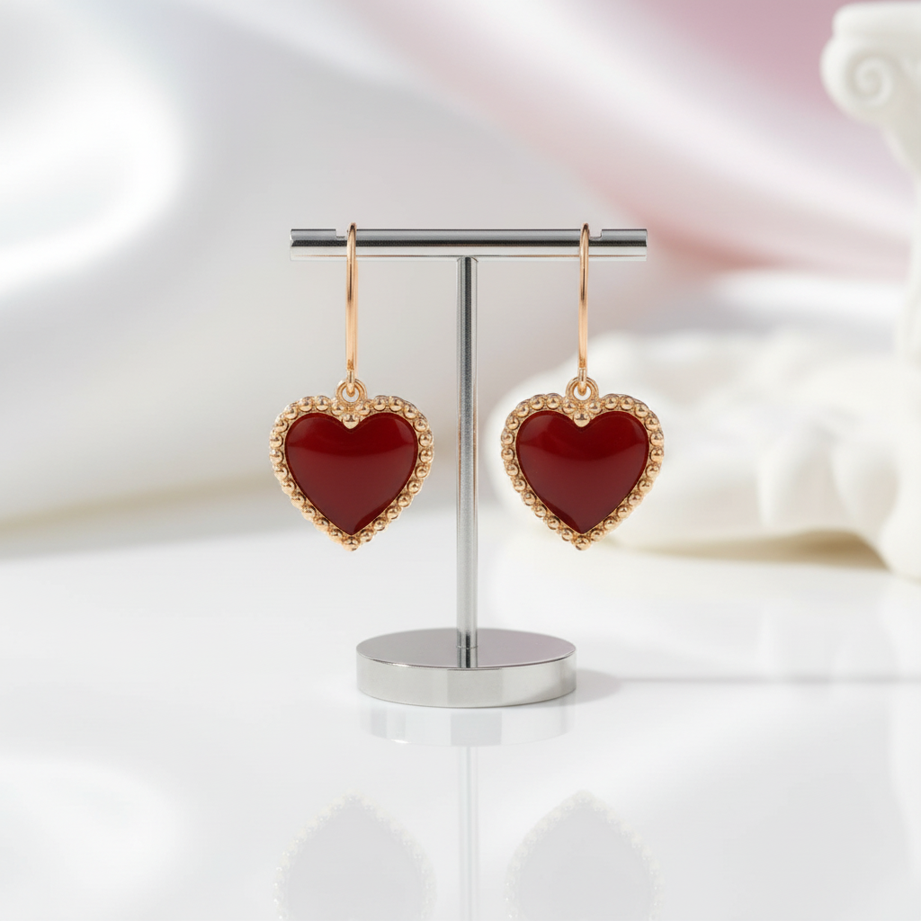 18k Yellow Gold Natural Red Agate Heart Drop Earrings-Black Diamonds New York