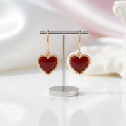 18k Yellow Gold Natural Red Agate Heart Drop Earrings-Black Diamonds New York