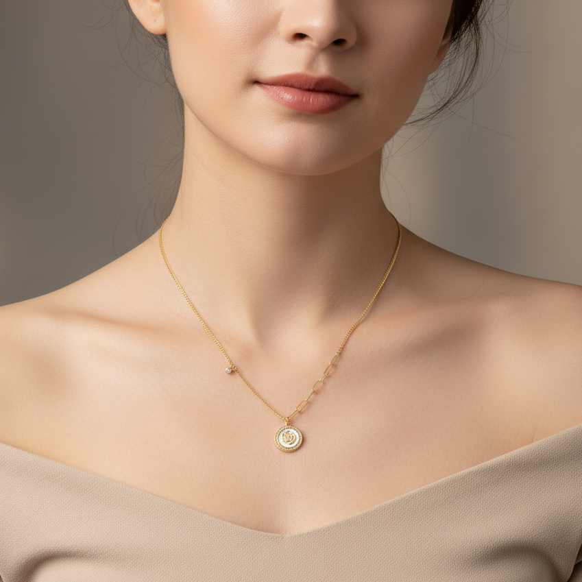 18k Yellow Gold Rose in a Shell Pendant Necklace-Black Diamonds New York