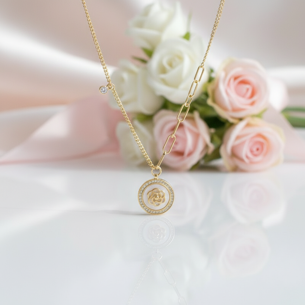 18k Yellow Gold Rose in a Shell Pendant Necklace-Black Diamonds New York