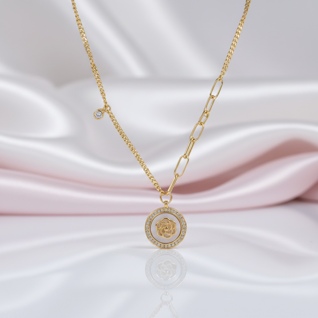 18k Yellow Gold Rose in a Shell Pendant Necklace-Black Diamonds New York