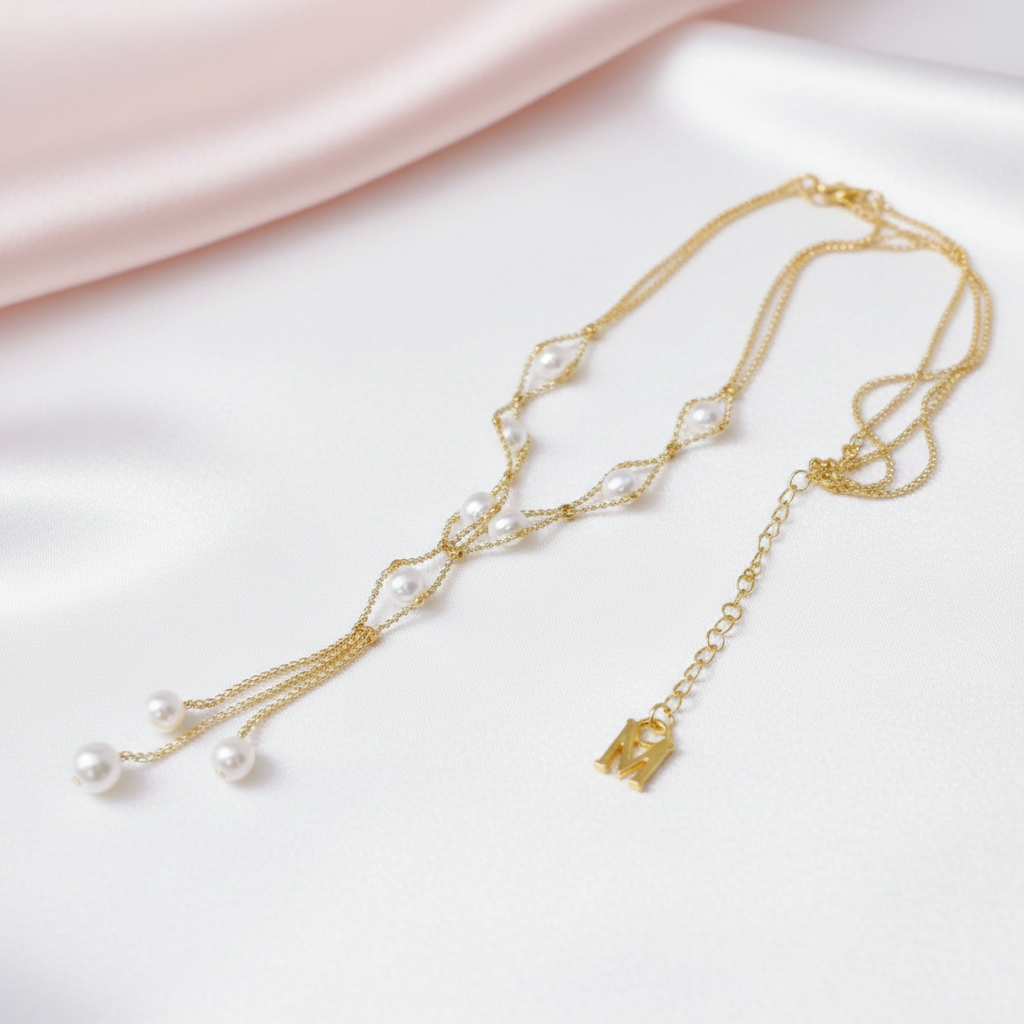 18k Yellow Gold Round White Akoya Pearl Necklace-Black Diamonds New York