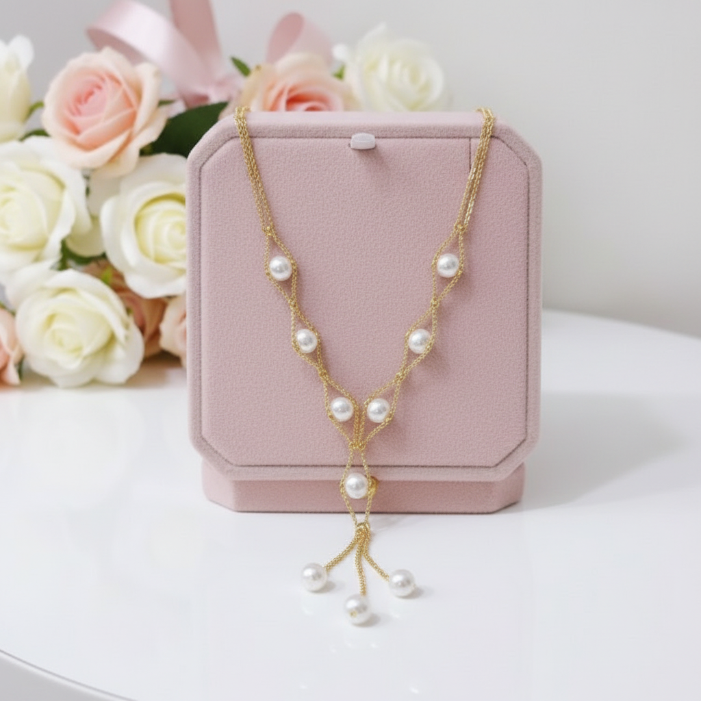 18k Yellow Gold Round White Akoya Pearl Necklace-Black Diamonds New York