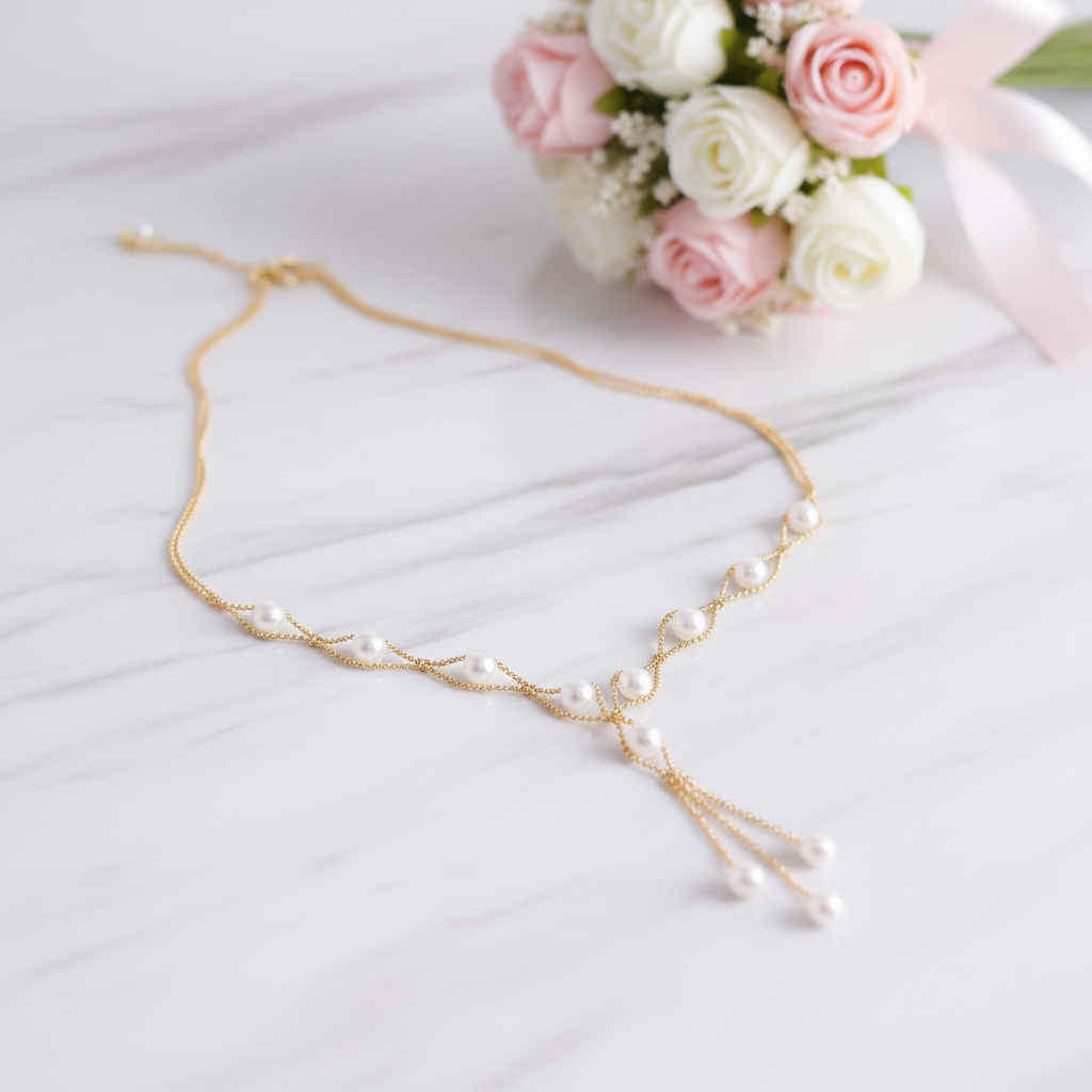18k Yellow Gold Round White Akoya Pearl Necklace-Black Diamonds New York