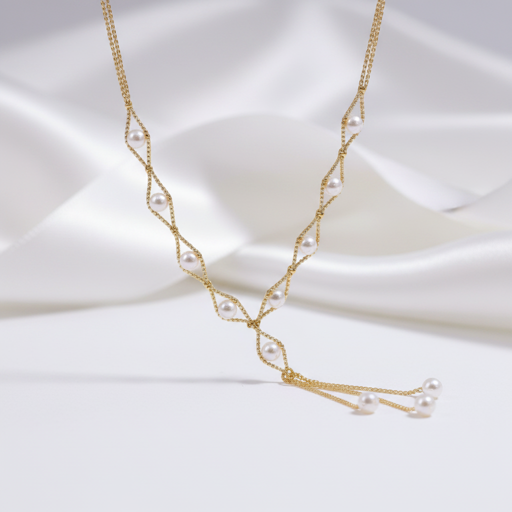 18k Yellow Gold Round White Akoya Pearl Necklace-Black Diamonds New York
