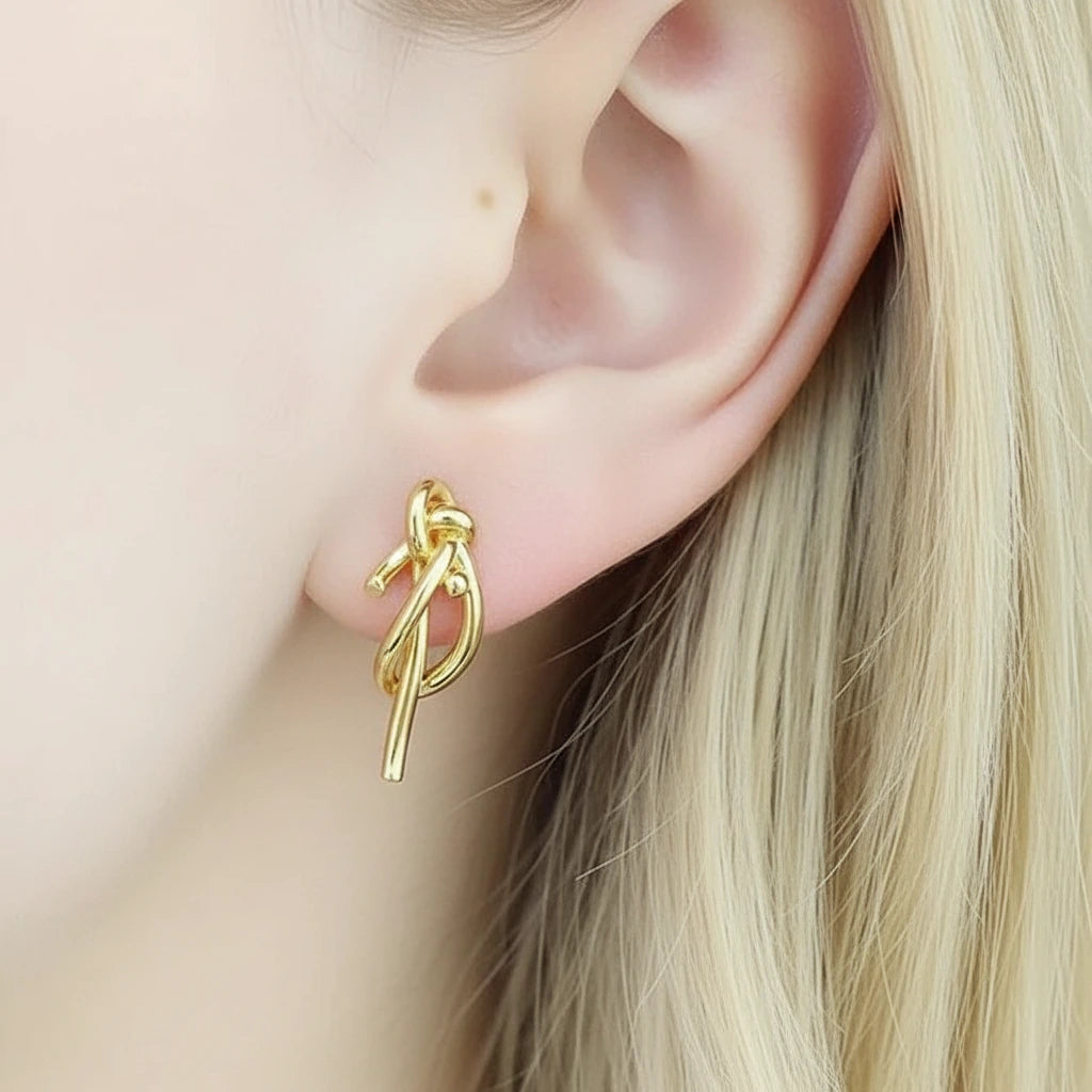 18k Yellow Gold Simple Knot Earrings-Black Diamonds New York