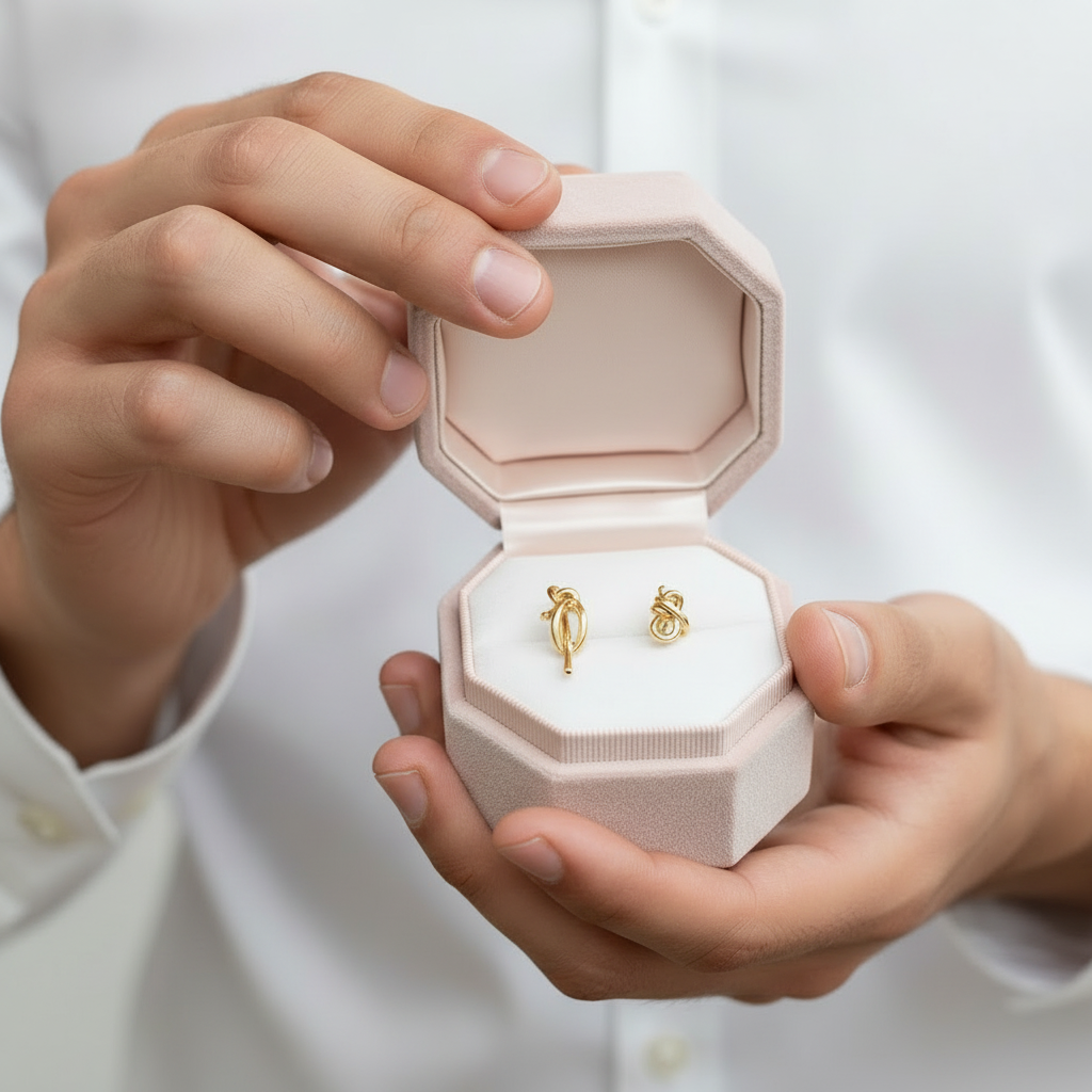 18k Yellow Gold Simple Knot Earrings-Black Diamonds New York