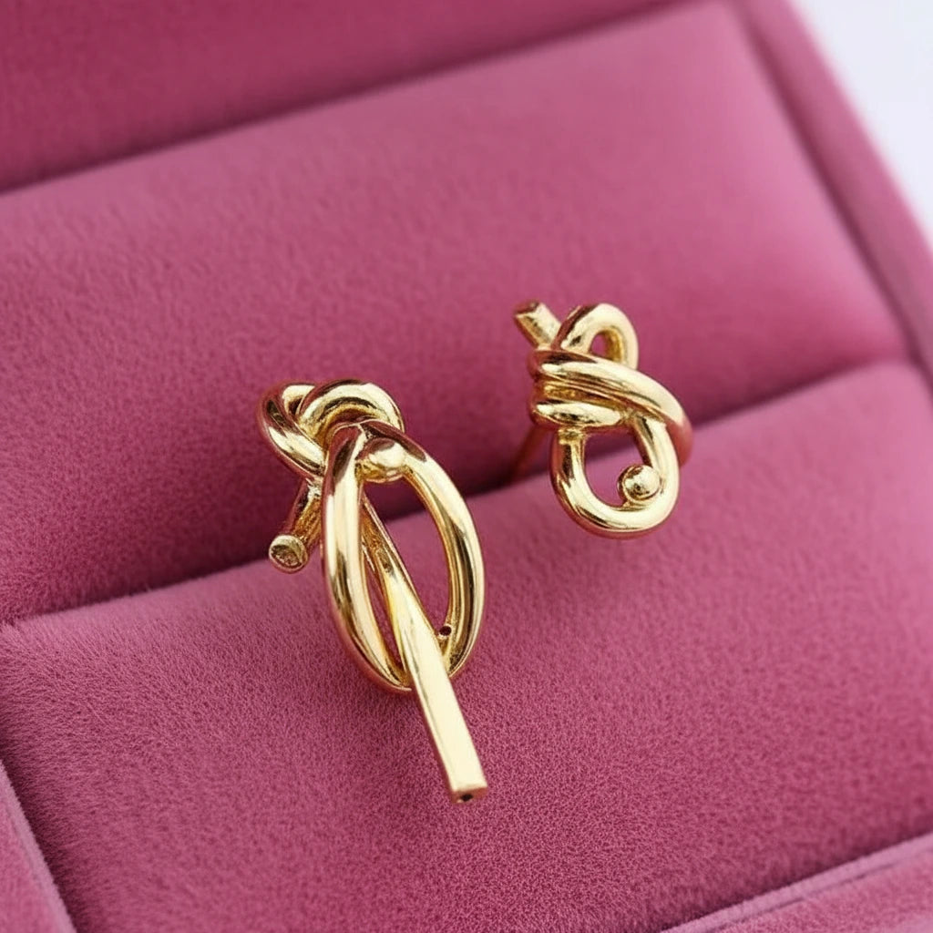 18k Yellow Gold Simple Knot Earrings-Black Diamonds New York