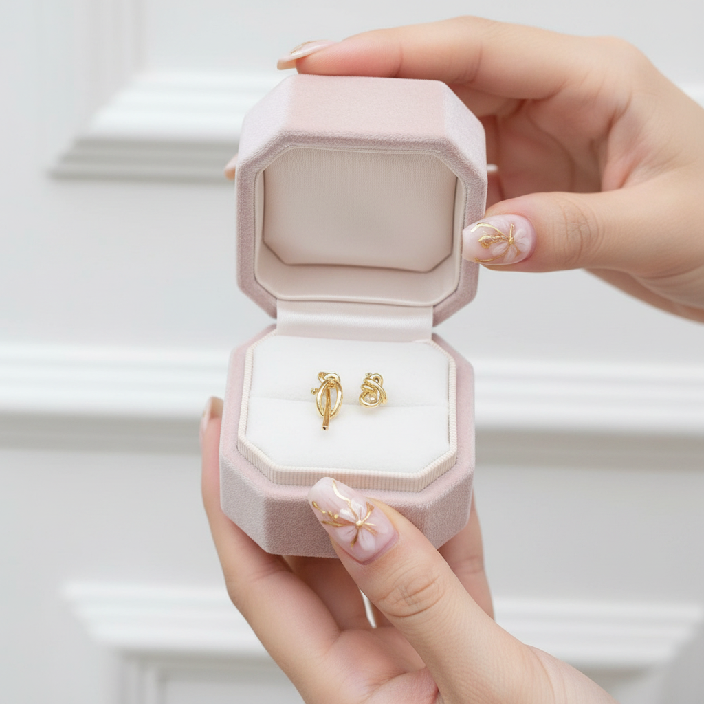 18k Yellow Gold Simple Knot Earrings-Black Diamonds New York
