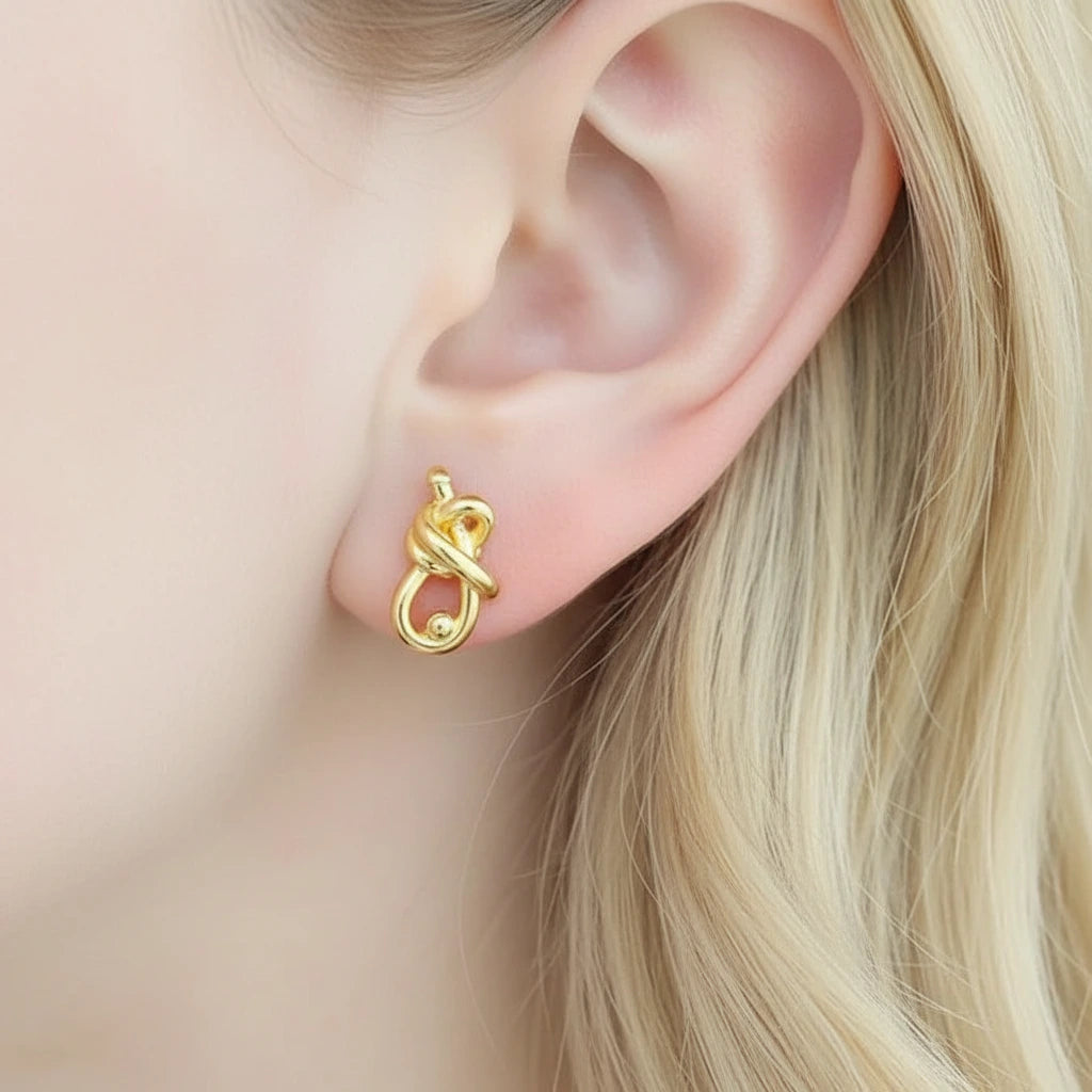 18k Yellow Gold Simple Knot Earrings-Black Diamonds New York